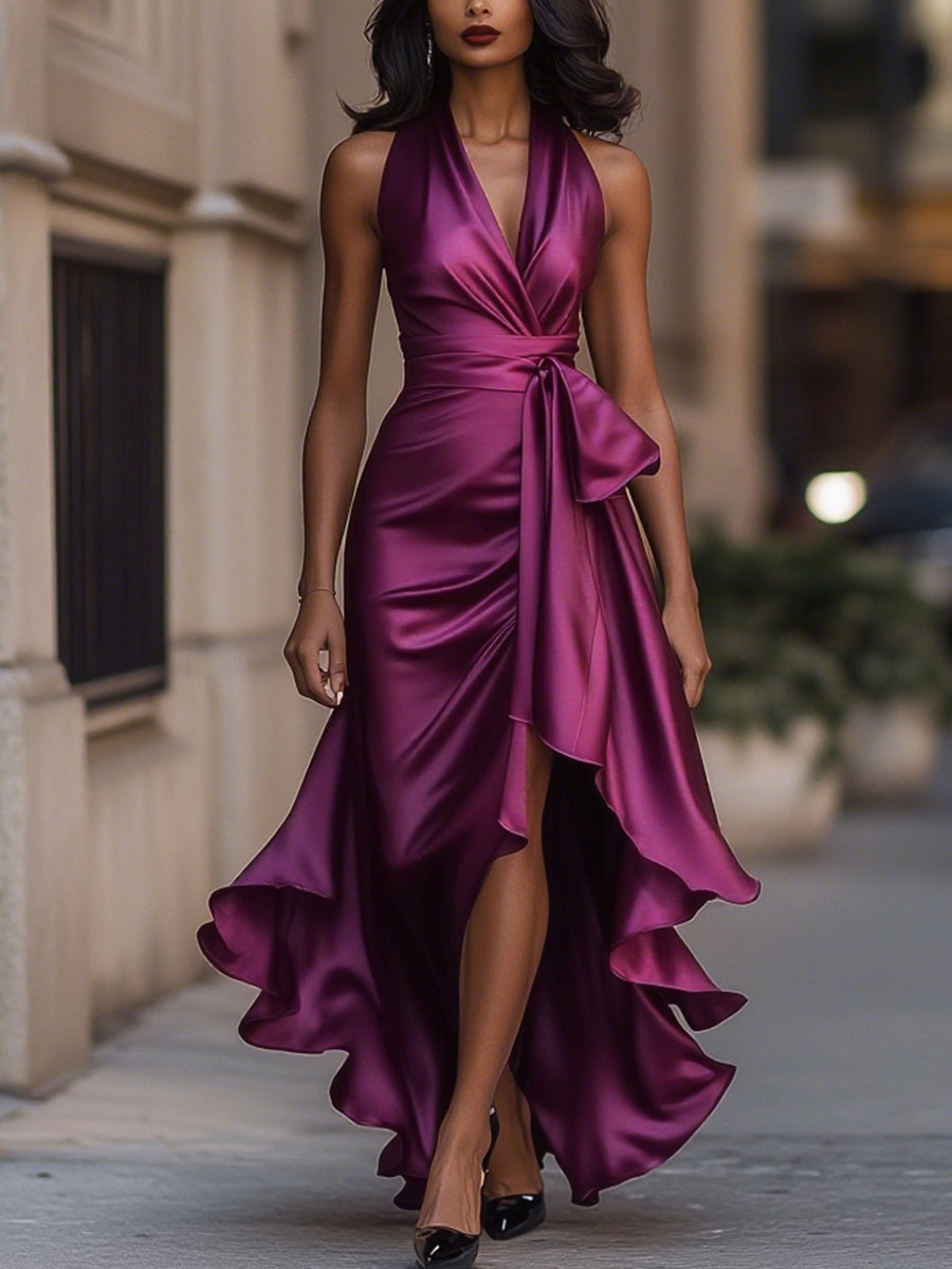 Royal Elegance Satin Halter Ruffle Gown