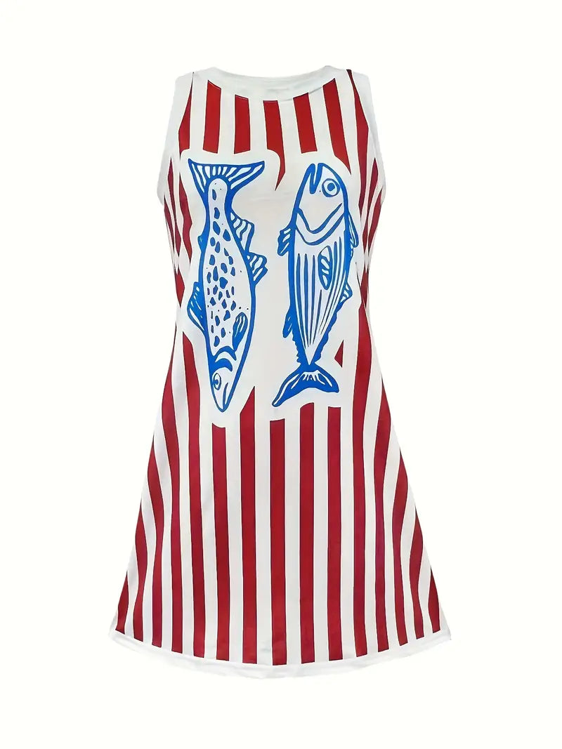 Fish Print Striped Sleeveless Dress
