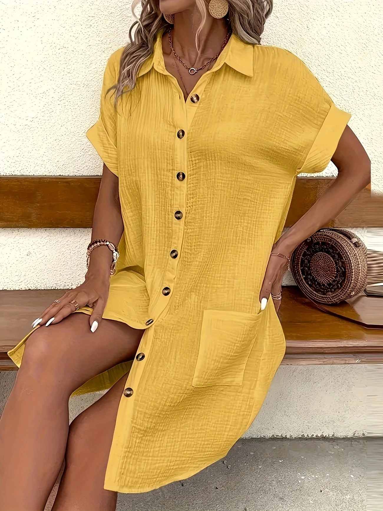 Women's Button Down Linen Shirt Dress With Pockets