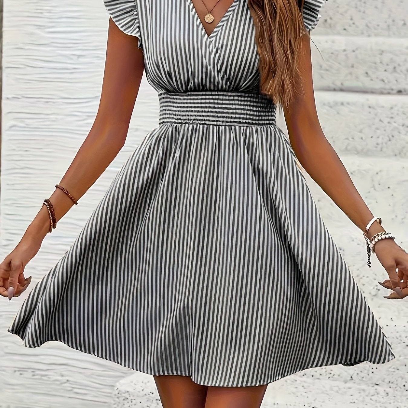 BreezeCharm Striped Ruffle Dress