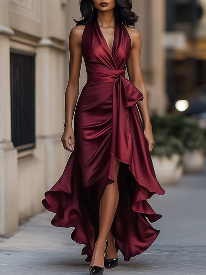 Royal Elegance Satin Halter Ruffle Gown