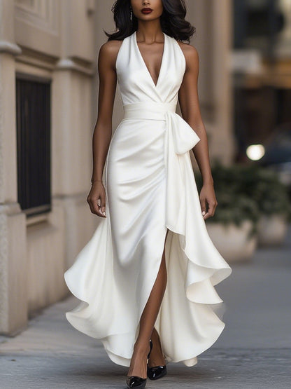 Royal Elegance Satin Halter Ruffle Gown