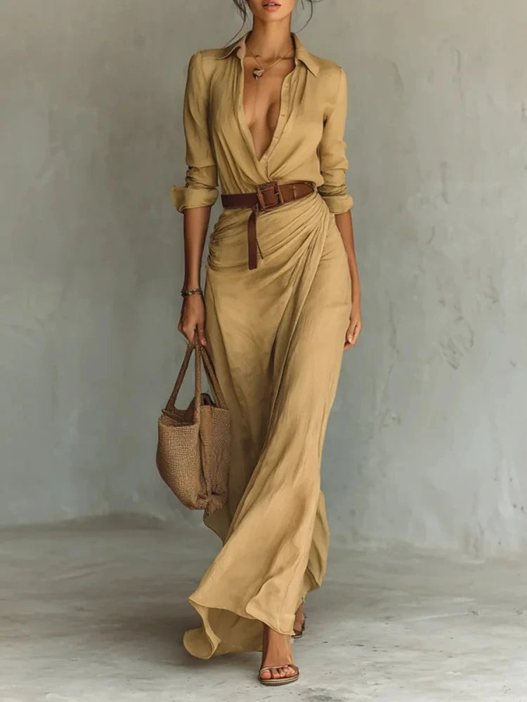 Ladies Lapel Long Sleeve Shirt Belted Maxi Dress