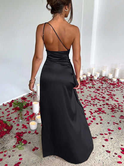 NoirGlam Ruched Thigh-Slit Dress