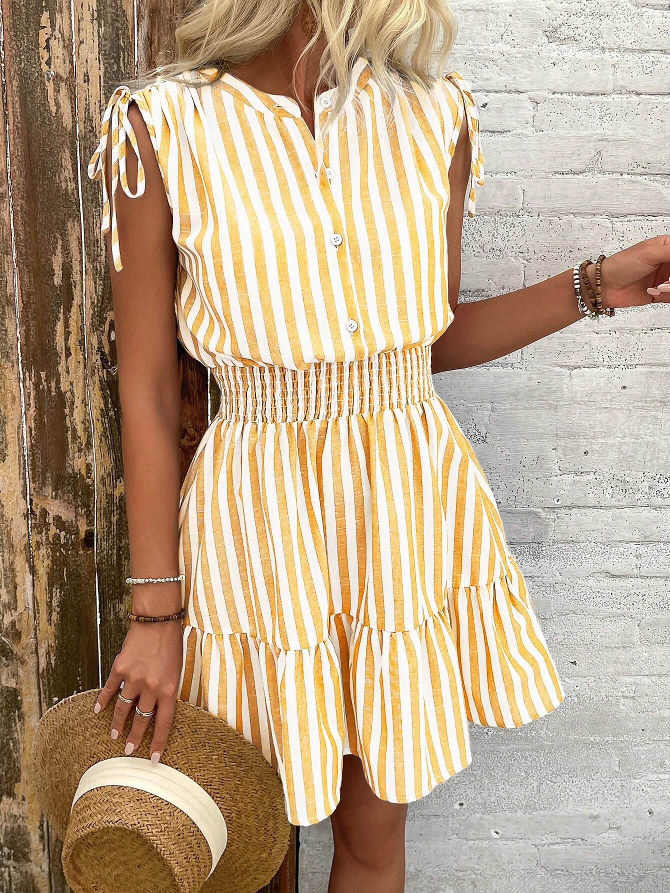 StripeBreeze Bow Cotton Dress