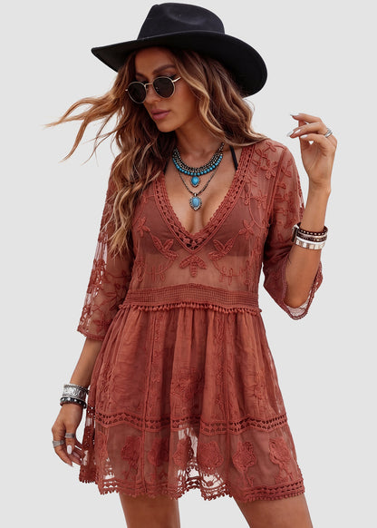 Contrast Lace Bathing Suit Cover Up V-Neck Swimsuit Coverups