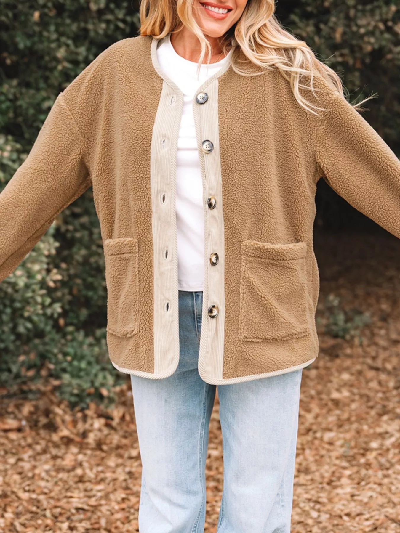 Leanne Button-Front Sherpa Teddy Jacket