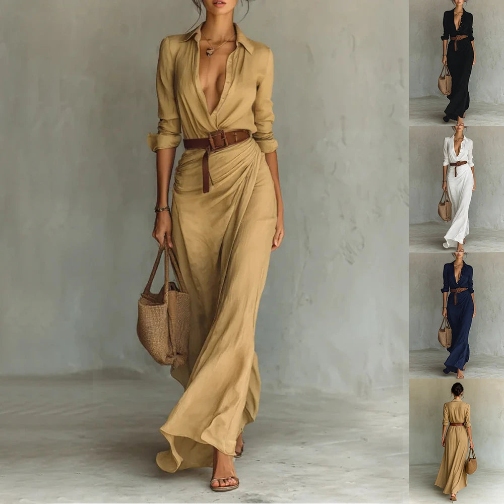 Ladies Lapel Long Sleeve Shirt Belted Maxi Dress