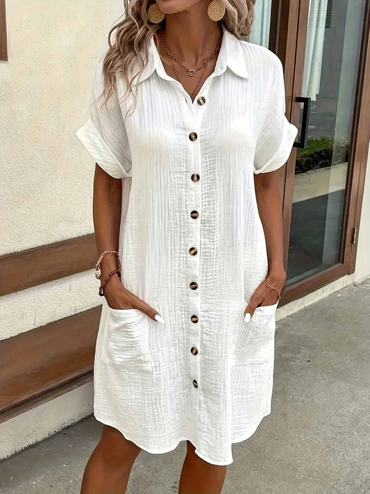 Women's Button Down Linen Shirt Dress With Pockets