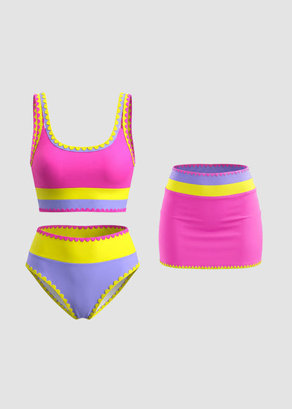 Color Contrast Patchwork Nylon Sporty 3 Piece Bikini Sets