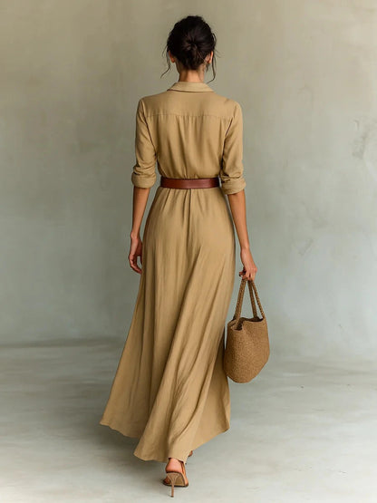 Ladies Lapel Long Sleeve Shirt Belted Maxi Dress