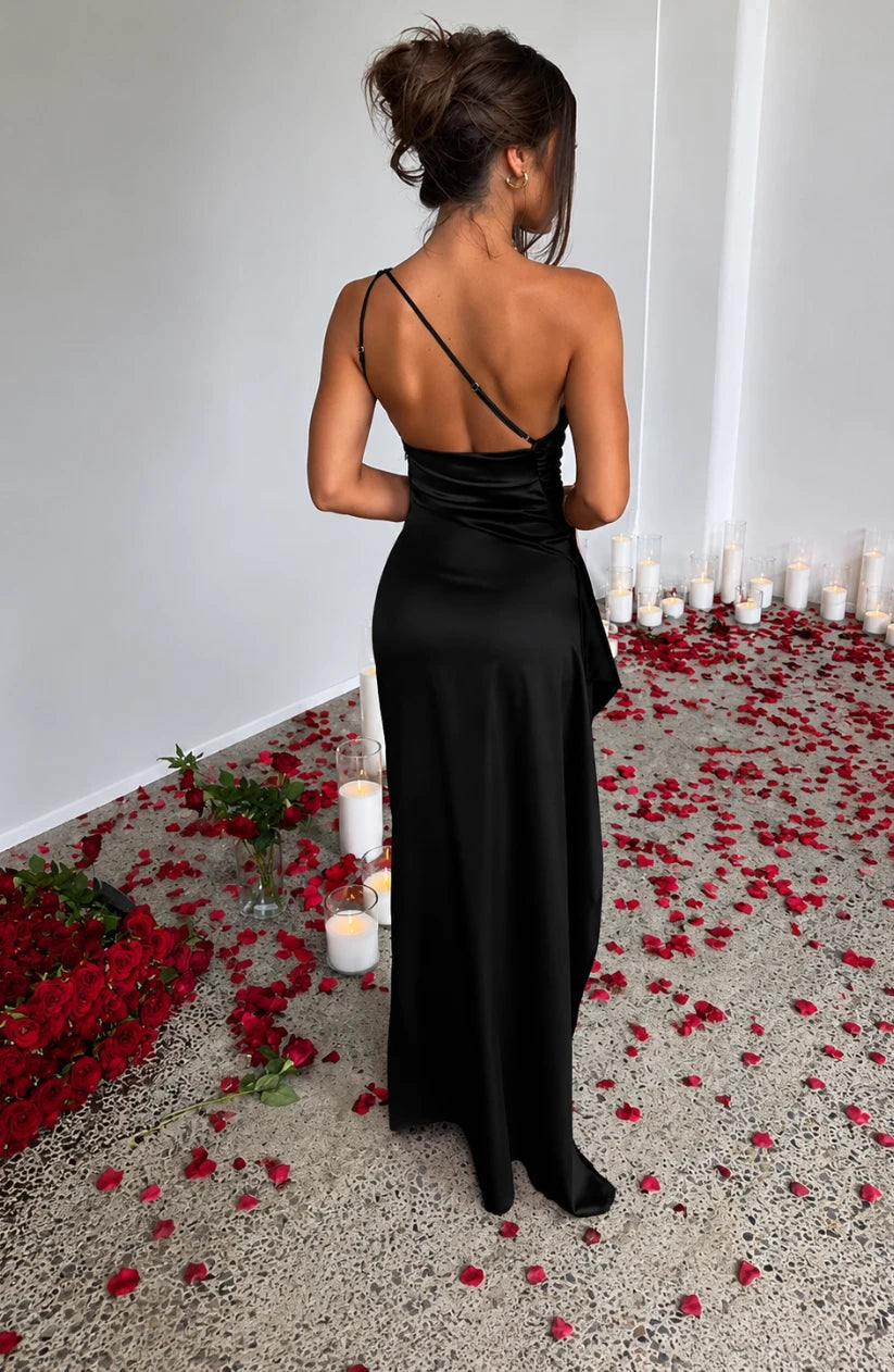 NoirGlam Ruched Thigh-Slit Dress
