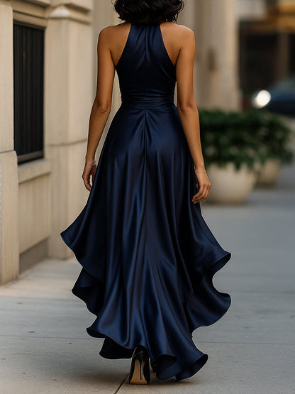 Royal Elegance Satin Halter Ruffle Gown