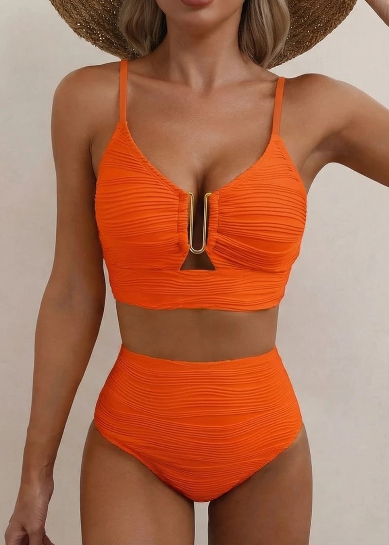 Textured U-Wire Cutout High Waisted Bikini Set