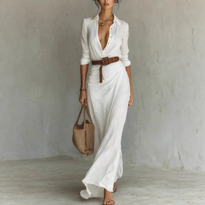 Ladies Lapel Long Sleeve Shirt Belted Maxi Dress