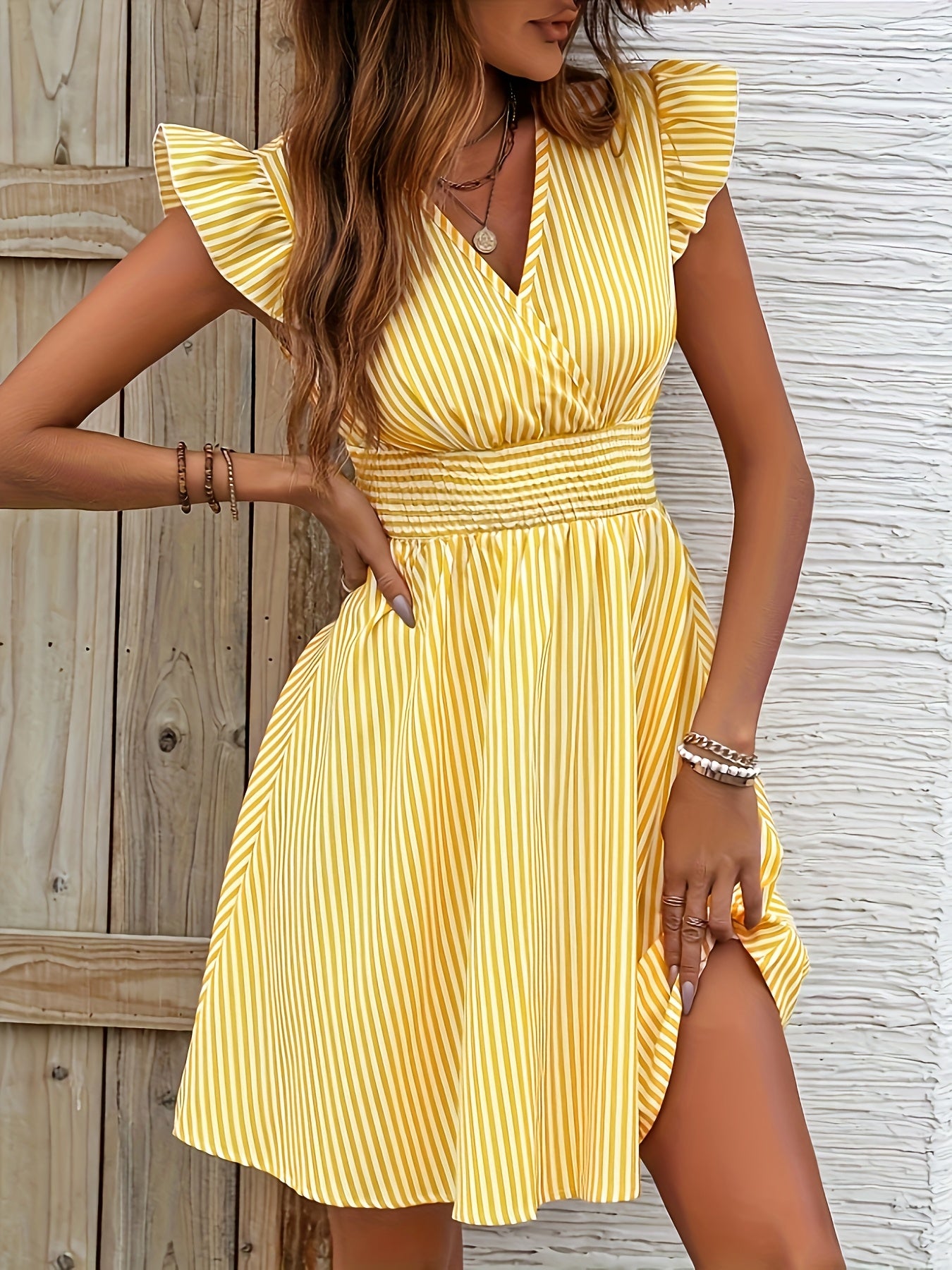 BreezeCharm Striped Ruffle Dress