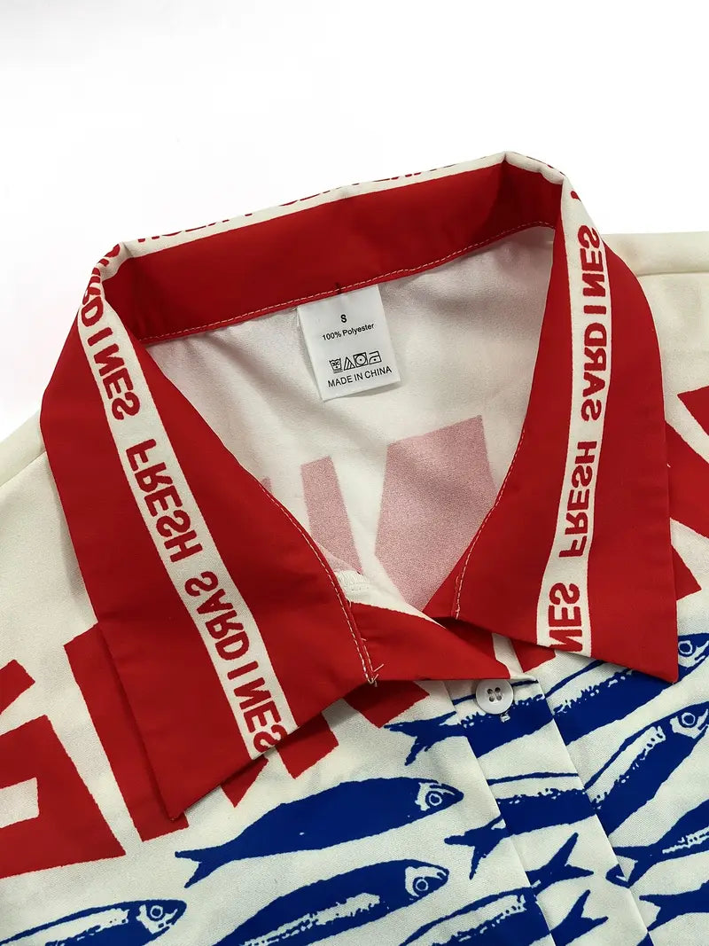 Coastal Sardine Print Shirt & Pants Two-Piece Set