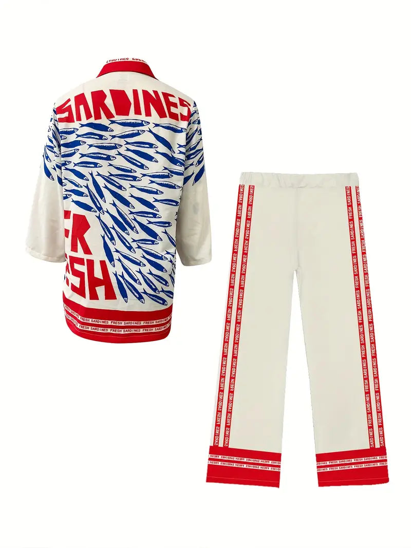 Coastal Sardine Print Shirt & Pants Two-Piece Set