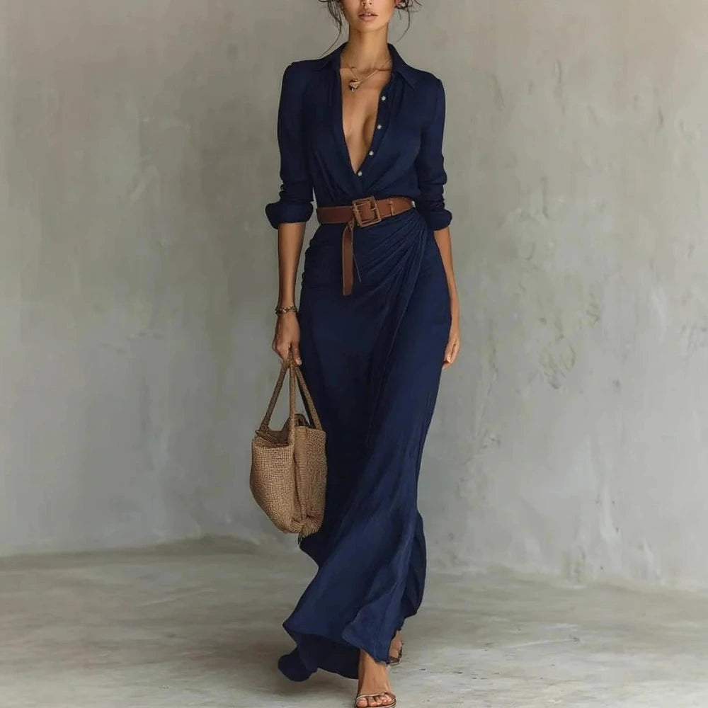 Ladies Lapel Long Sleeve Shirt Belted Maxi Dress