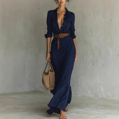 Ladies Lapel Long Sleeve Shirt Belted Maxi Dress