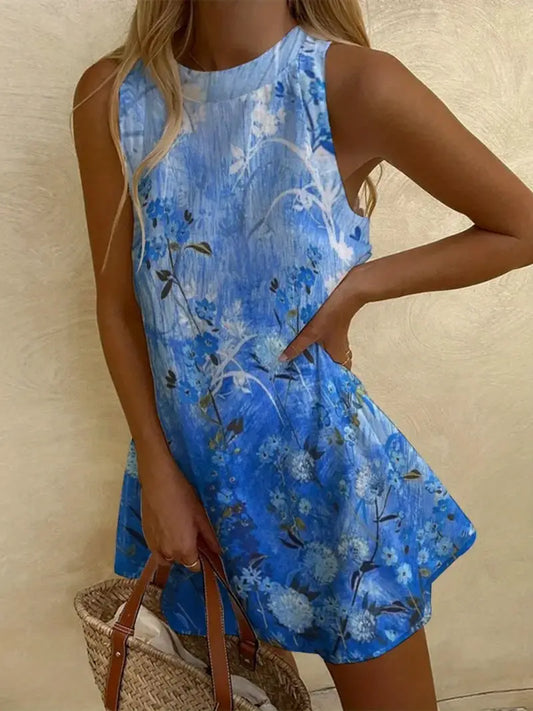 Blue Floral Breeze Sleeveless Dress