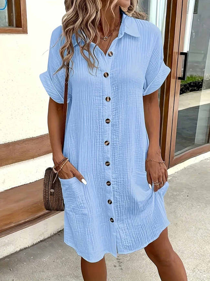 Women's Button Down Linen Shirt Dress With Pockets