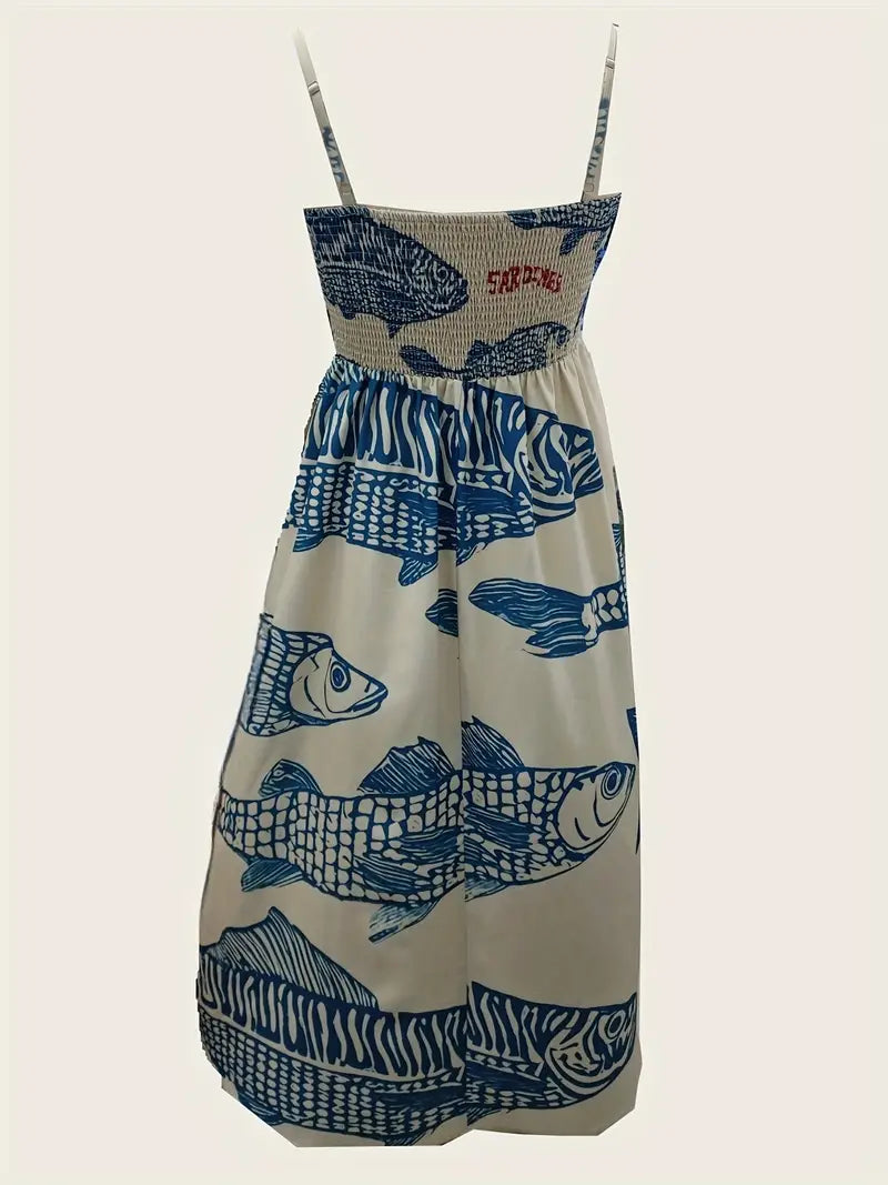 Beige Sardine Print Strap Maxi Dress