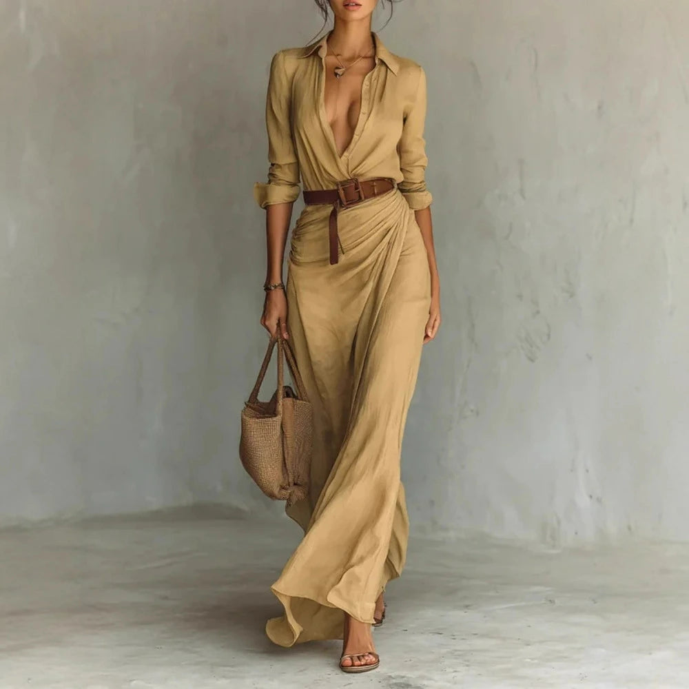 Ladies Lapel Long Sleeve Shirt Belted Maxi Dress