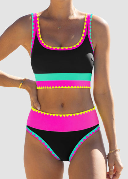 Color Contrast Patchwork Nylon Sporty 3 Piece Bikini Sets