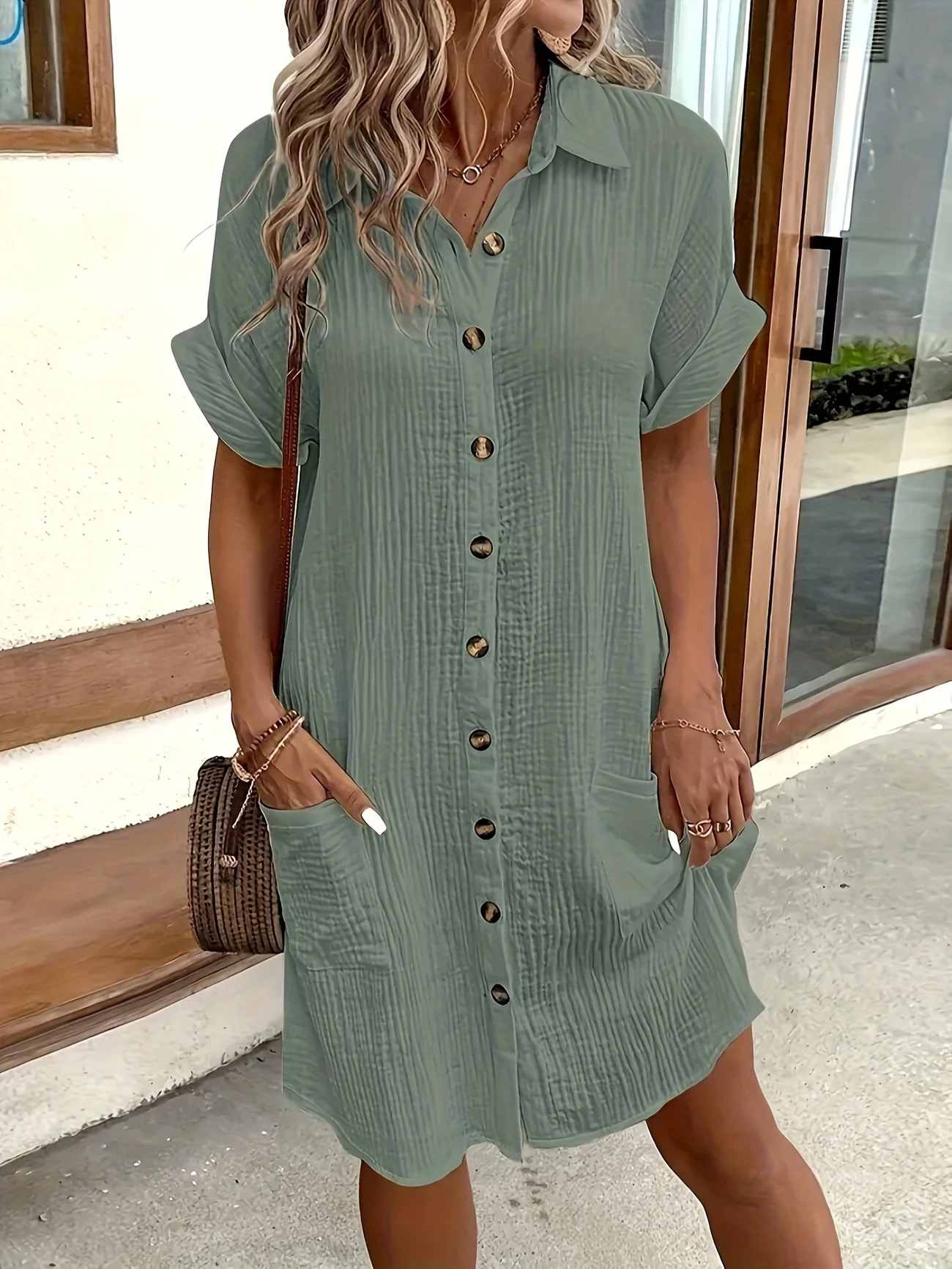 Women's Button Down Linen Shirt Dress With Pockets
