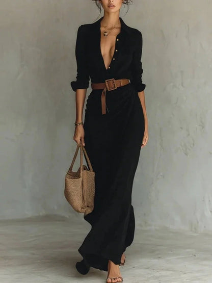 Ladies Lapel Long Sleeve Shirt Belted Maxi Dress