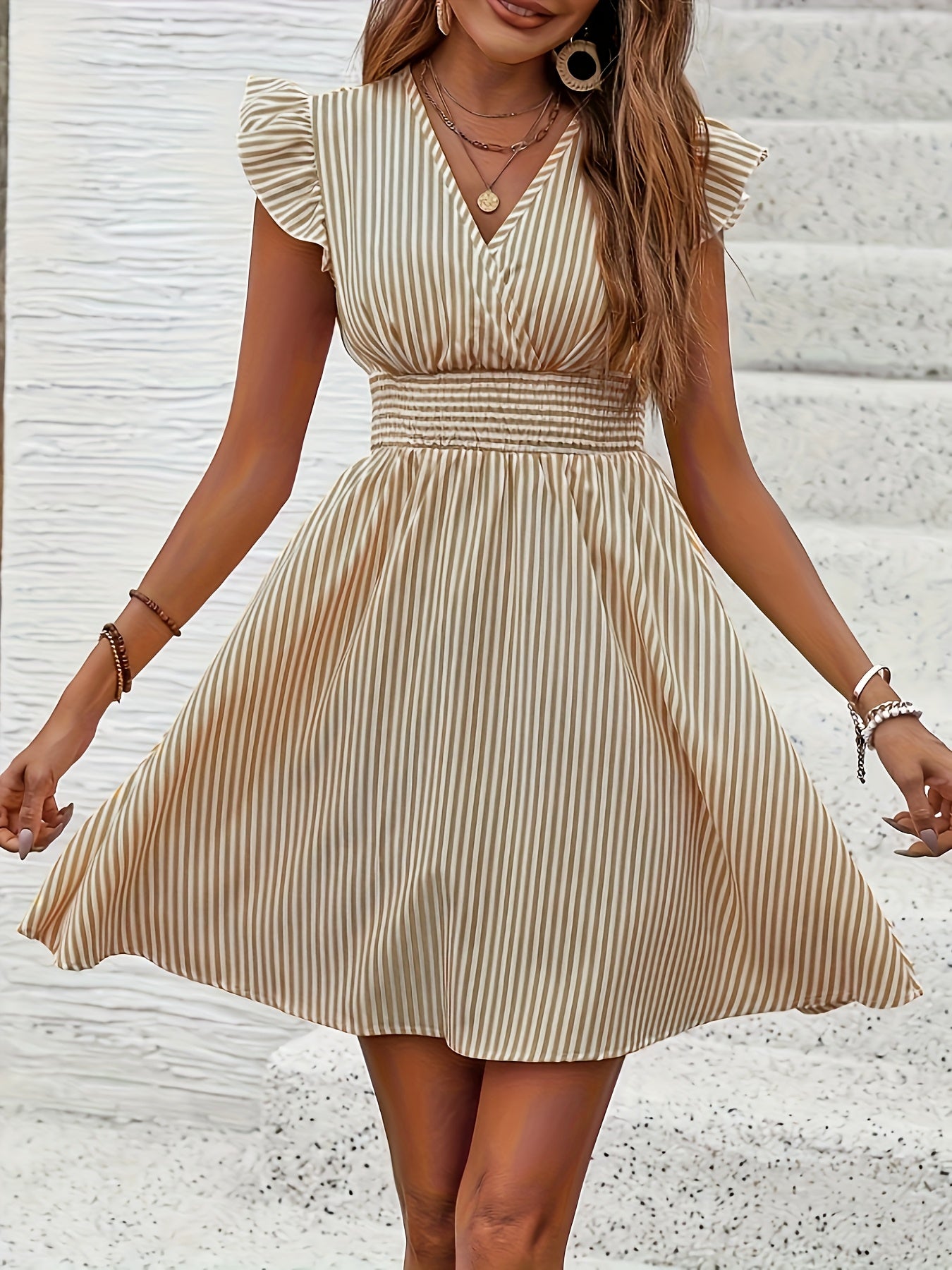 BreezeCharm Striped Ruffle Dress