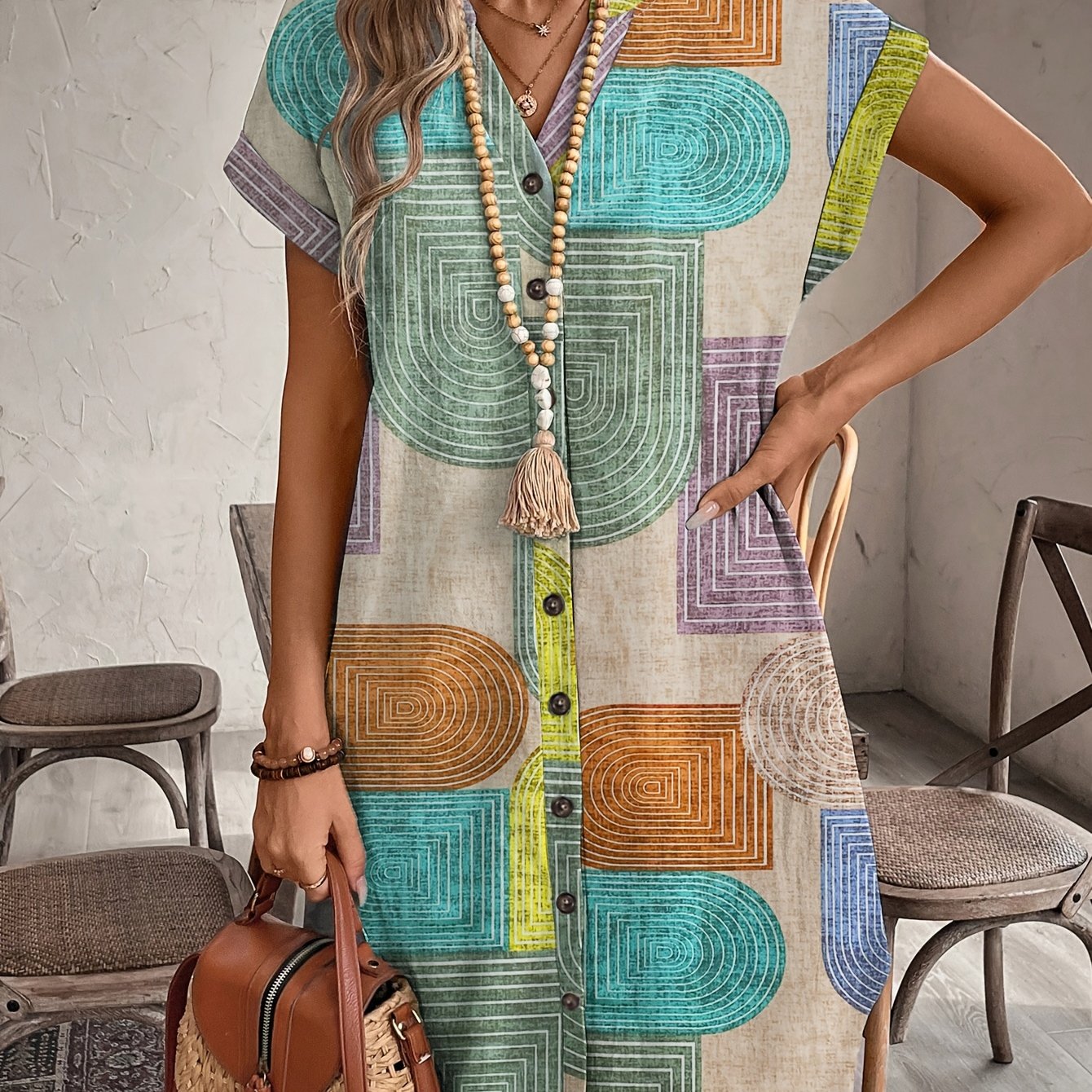 GeoChic Button Midi Dress