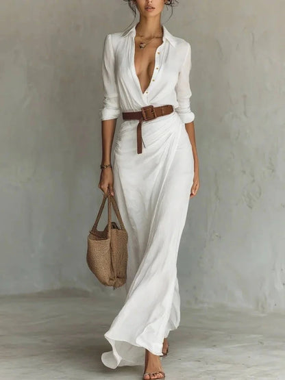 Ladies Lapel Long Sleeve Shirt Belted Maxi Dress