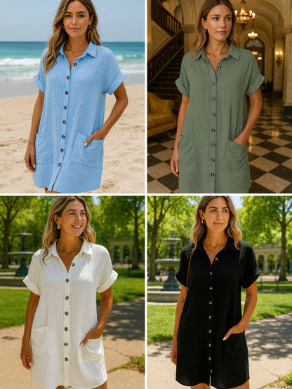 Women's Button Down Linen Shirt Dress With Pockets