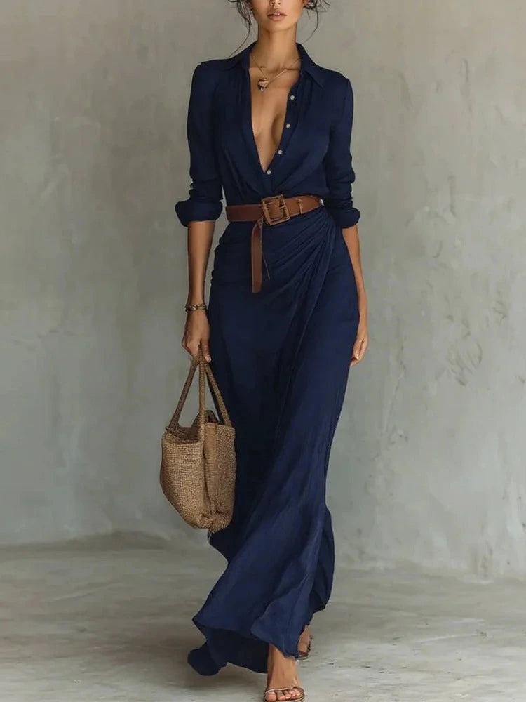 Ladies Lapel Long Sleeve Shirt Belted Maxi Dress