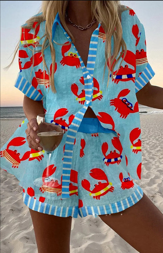 Aqua Crab Print Casual Two-Piece Set