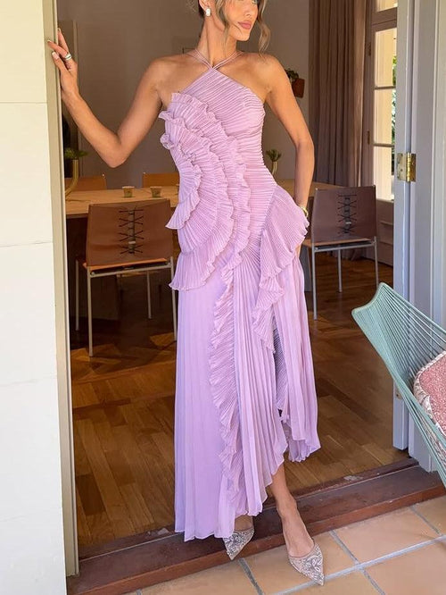 Pleated Suspender Long Dress With Slits