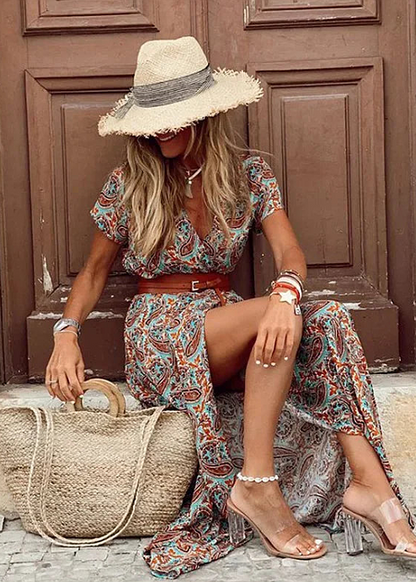 Women’s Boho Tie Waist Slit Maxi Dress