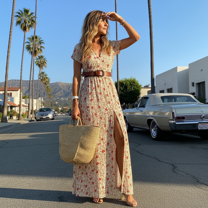 Women’s Boho Tie Waist Slit Maxi Dress