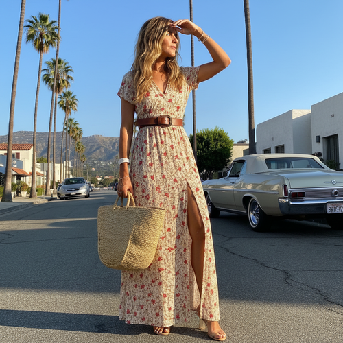 Women’s Boho Tie Waist Slit Maxi Dress
