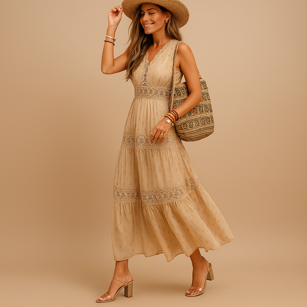 Women’s Sleeveless Boho V-Neck Tiered Maxi Dress