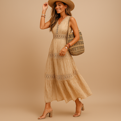 Women’s Sleeveless Boho V-Neck Tiered Maxi Dress
