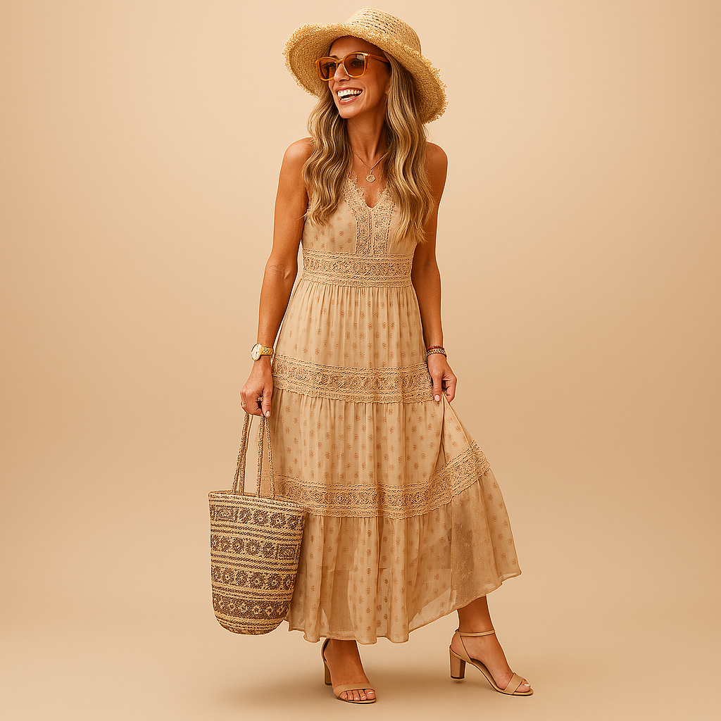 Women’s Sleeveless Boho V-Neck Tiered Maxi Dress