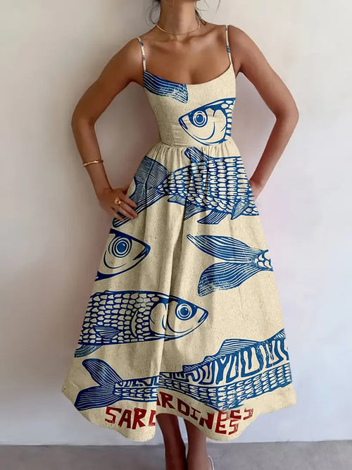 Beige Sardine Print Strap Maxi Dress