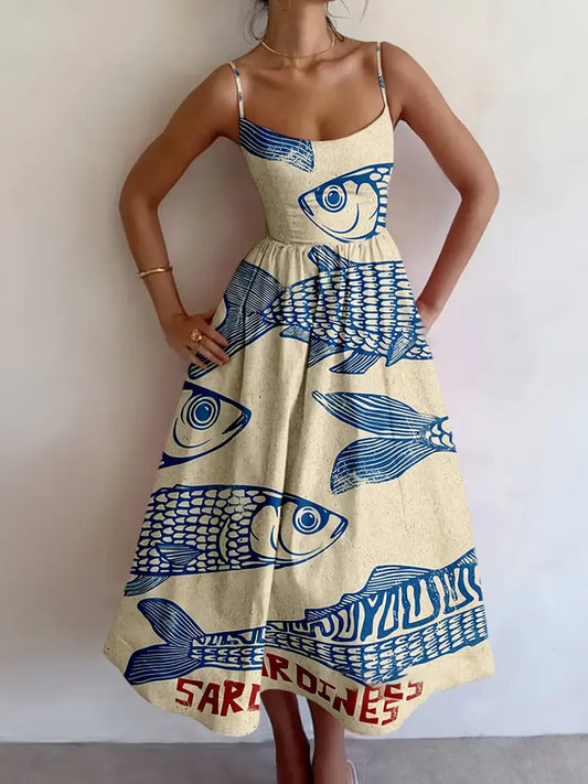 Beige Sardine Print Strap Maxi Dress