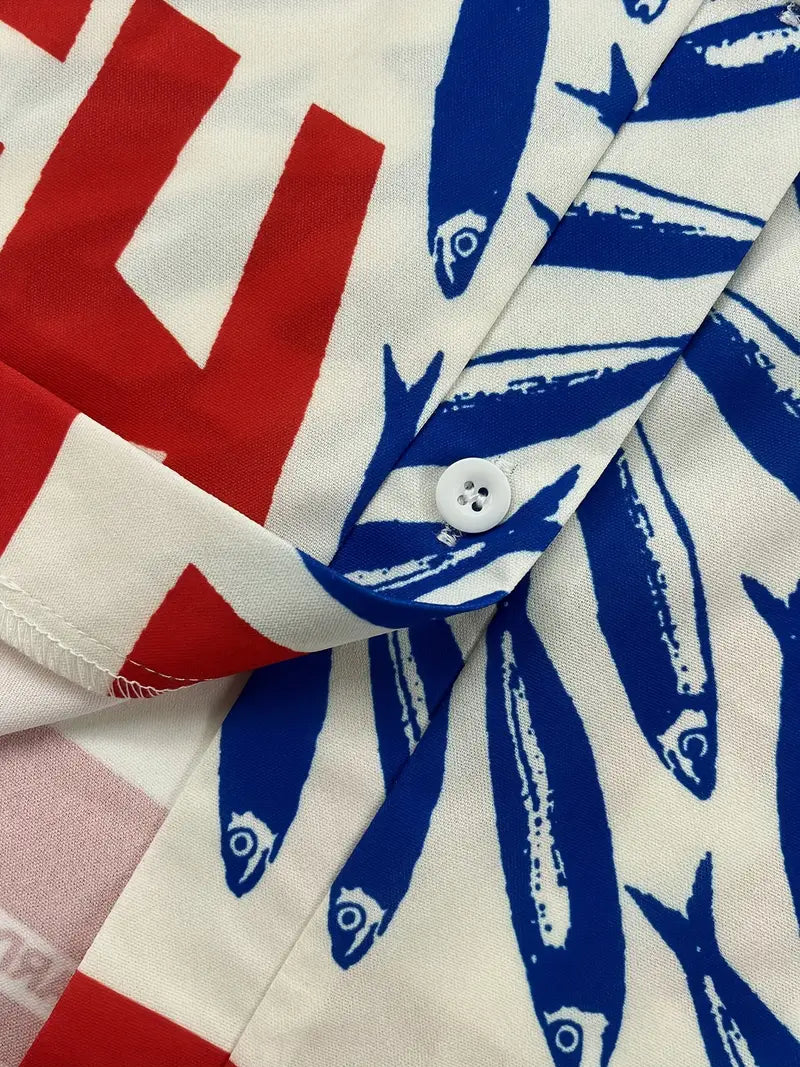 Coastal Sardine Print Shirt & Pants Two-Piece Set