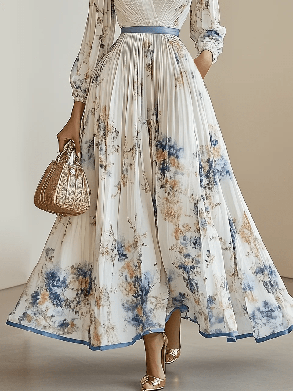Spring New White Pleated Chiffon Maxi Dress