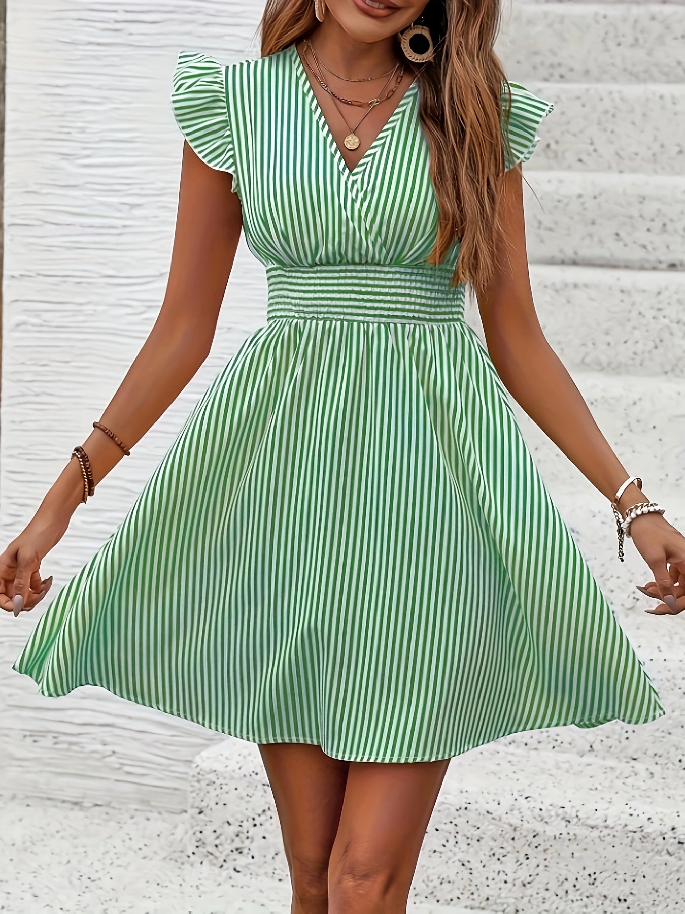 BreezeCharm Striped Ruffle Dress