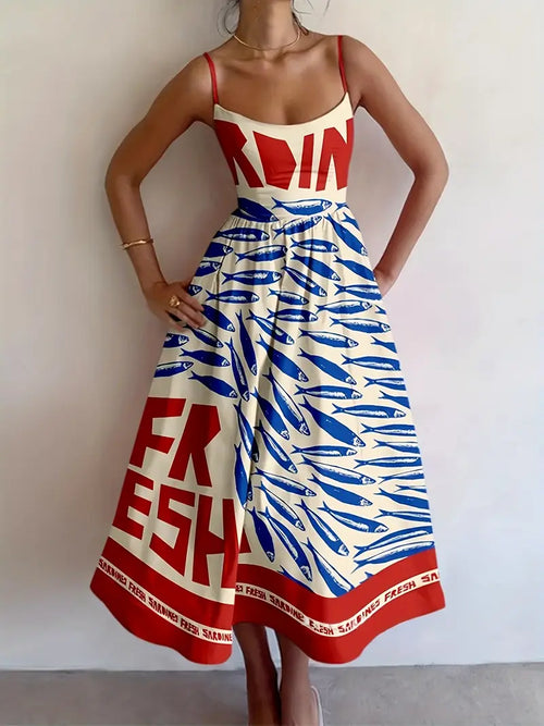 Sardine Print Strap Maxi Dress